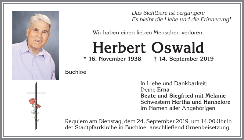  Traueranzeige für Herbert Oswald vom 21.09.2019 aus Allgäuer Zeitung, Kaufbeuren/Buchloe
