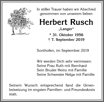 Traueranzeige von Herbert Rusch von Allgäuer Anzeigeblatt