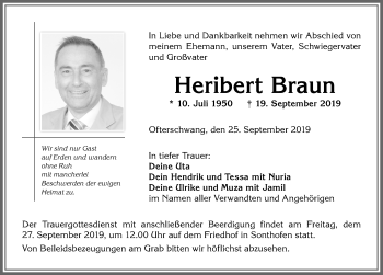 Traueranzeige von Heribert Braun von Allgäuer Anzeigeblatt