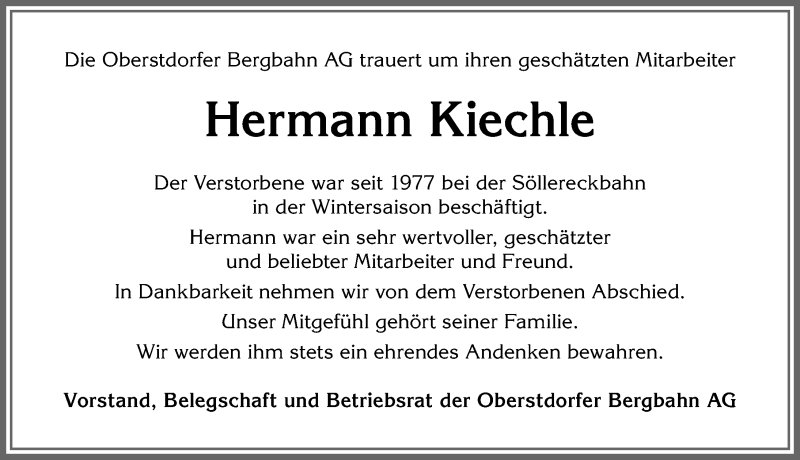  Traueranzeige für Hermann Kiechle vom 04.09.2019 aus Allgäuer Anzeigeblatt