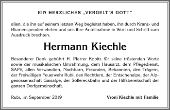 Traueranzeige von Hermann Kiechle von Allgäuer Anzeigeblatt