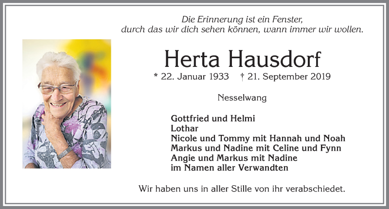  Traueranzeige für Herta Hausdorf vom 28.09.2019 aus Allgäuer Zeitung, Füssen