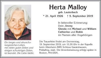 Traueranzeige von Herta Malloy von Allgäuer Zeitung, Kaufbeuren/Buchloe