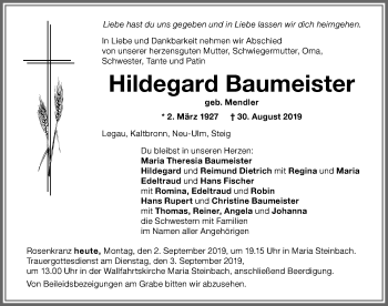 Traueranzeige von Hildegard Baumeister von Memminger Zeitung