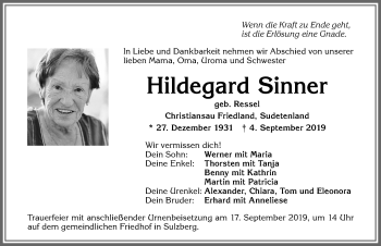 Traueranzeige von Hildegard Sinner von Allgäuer Zeitung,Kempten