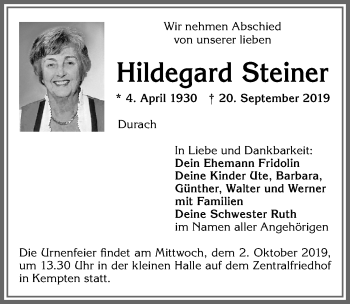Traueranzeige von Hildegard Steiner von Allgäuer Zeitung,Kempten