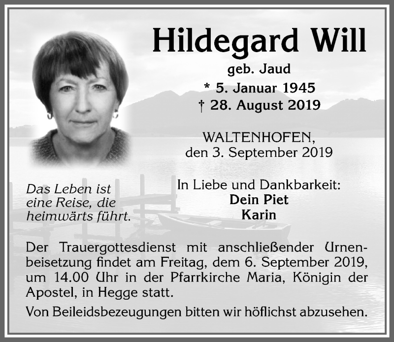  Traueranzeige für Hildegard Will vom 03.09.2019 aus Allgäuer Zeitung,Kempten