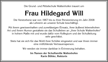 Traueranzeige von Hildegard Will von Allgäuer Zeitung,Kempten