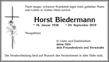 Traueranzeige von Horst Biedermann von Allgäuer Zeitung, Kaufbeuren/Buchloe