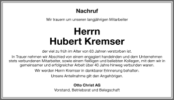 Traueranzeige von Hubert Kremser von Memminger Zeitung