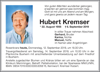 Traueranzeige von Hubert Kremser von Memminger Zeitung