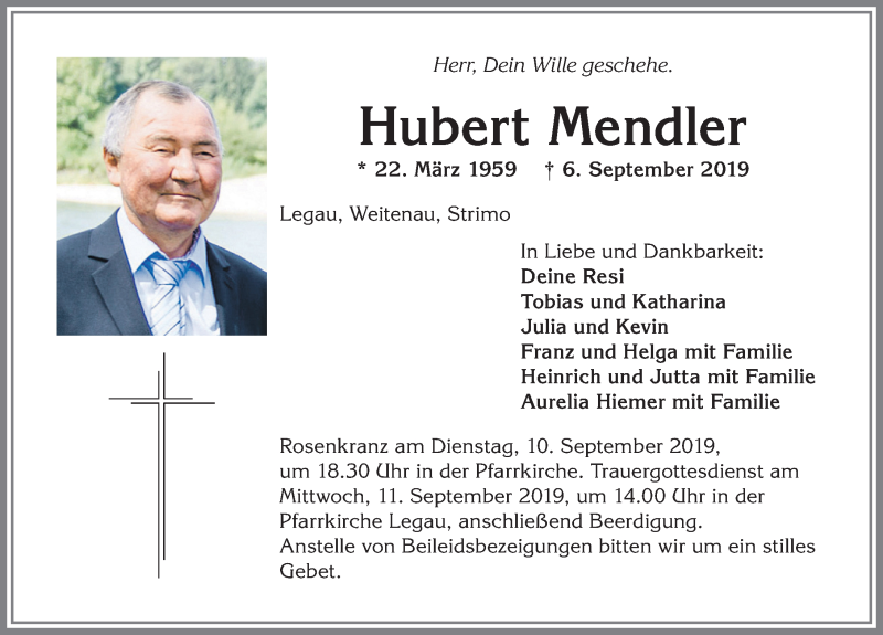  Traueranzeige für Hubert Mendler vom 09.09.2019 aus Allgäuer Zeitung