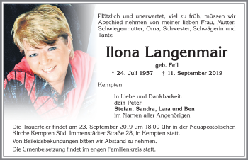 Traueranzeige von Ilona Langenmair von Allgäuer Zeitung,Kempten
