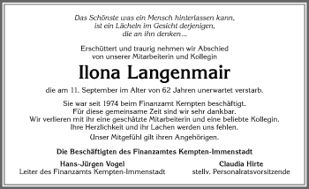 Traueranzeige von Ilona Langenmair von Allgäuer Zeitung,Kempten