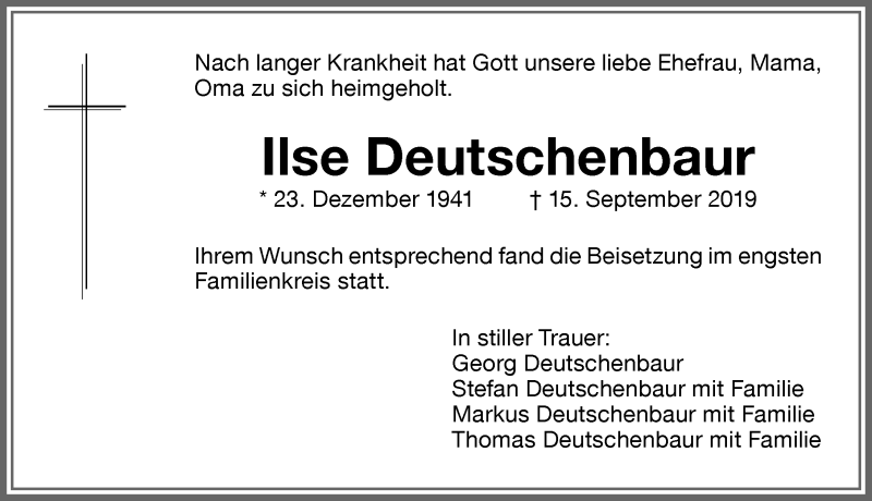  Traueranzeige für Ilse Deutschenbaur vom 30.09.2019 aus Memminger Zeitung