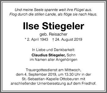 Traueranzeige von Ilse Stiegeler von Memminger Zeitung