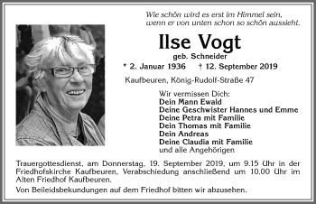 Traueranzeige von Ilse Vogt von Allgäuer Zeitung, Kaufbeuren/Buchloe