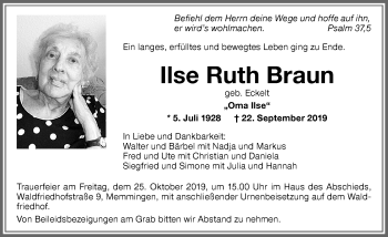 Traueranzeige von Ilse Ruth Braun von Memminger Zeitung