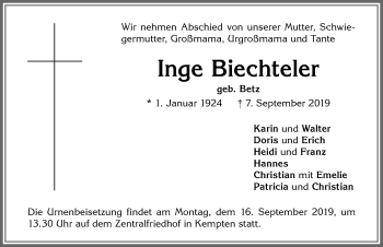 Traueranzeige von Inge Biechteler von Allgäuer Zeitung,Kempten