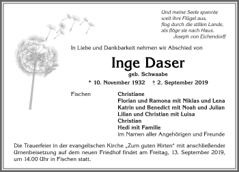 Traueranzeige von Inge Daser von Allgäuer Anzeigeblatt