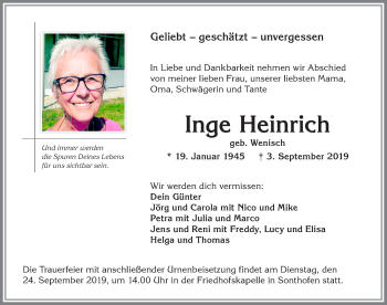 Traueranzeige von Inge Heinrich von Allgäuer Anzeigeblatt