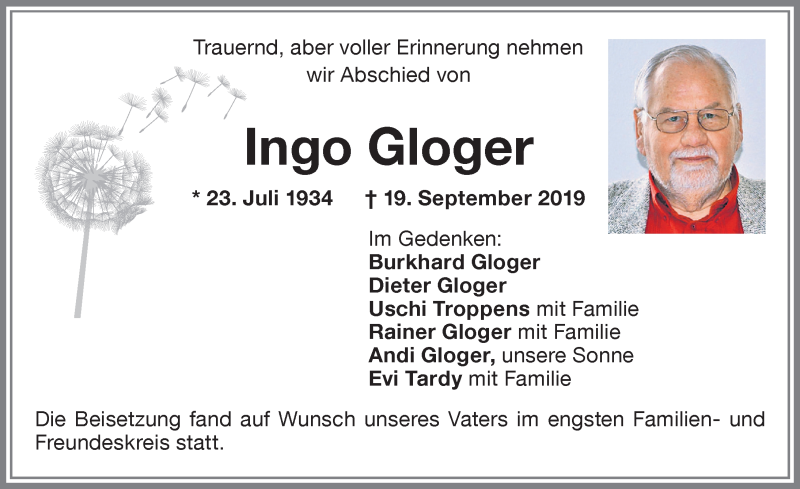  Traueranzeige für Ingo Gloger vom 28.09.2019 aus Memminger Zeitung