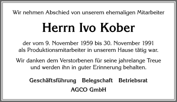 Traueranzeige von Ivo Kober von Allgäuer Zeitung, Marktoberdorf