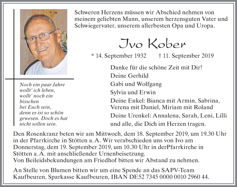  Traueranzeige für Ivo Kober vom 17.09.2019 aus Allgäuer Zeitung, Marktoberdorf