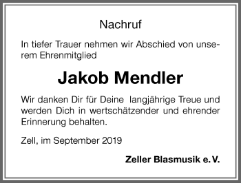 Traueranzeige von Jakob Mendler von Memminger Zeitung