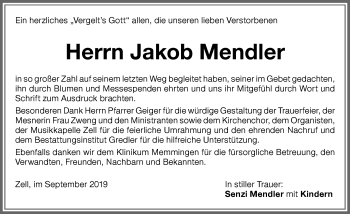 Traueranzeige von Jakob Mendler von Memminger Zeitung