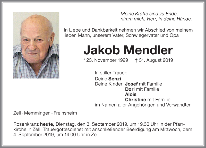  Traueranzeige für Jakob Mendler vom 03.09.2019 aus Memminger Zeitung