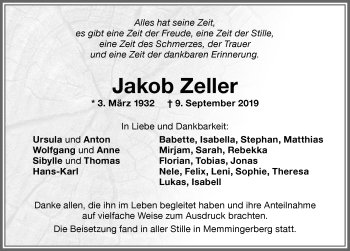 Traueranzeige von Jakob Zeller von Memminger Zeitung