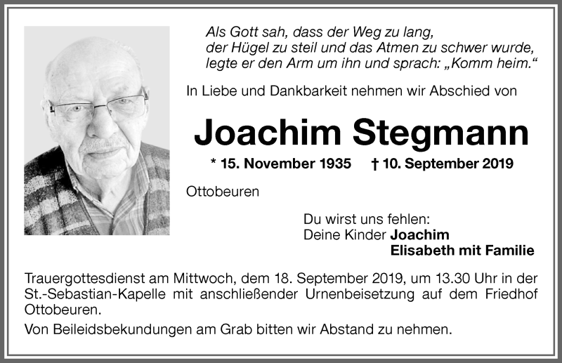  Traueranzeige für Joachim Stegmann vom 14.09.2019 aus Memminger Zeitung
