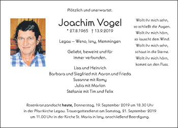 Traueranzeige von Joachim Vogel von Memminger Zeitung