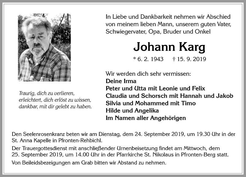  Traueranzeige für Johann Karg vom 21.09.2019 aus Allgäuer Zeitung, Füssen