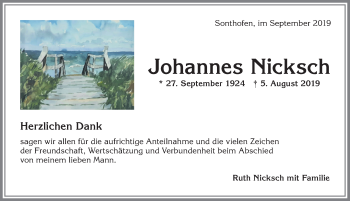 Traueranzeige von Johannes Nicksch von Allgäuer Anzeigeblatt