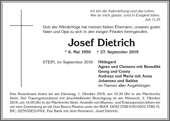 Traueranzeige von Josef Dietrich von Allgäuer Anzeigeblatt