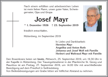 Traueranzeige von Josef Mayr von Allgäuer Anzeigeblatt