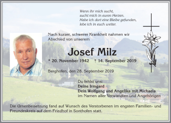Traueranzeige von Josef Milz von Allgäuer Anzeigeblatt