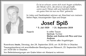 Traueranzeige von Josef Spiß von Allgäuer Zeitung,Kempten