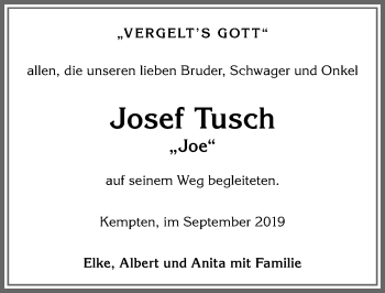 Traueranzeige von Josef Tusch von Allgäuer Zeitung,Kempten
