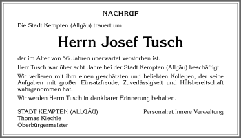 Traueranzeige von Josef Tusch von Allgäuer Zeitung,Kempten