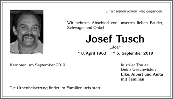 Traueranzeige von Josef Tusch von Allgäuer Zeitung,Kempten