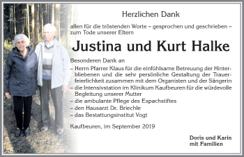 Traueranzeige von Justina Halke von Allgäuer Zeitung, Kaufbeuren/Buchloe