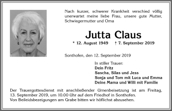 Traueranzeige von Jutta Claus von Allgäuer Anzeigeblatt