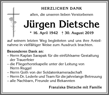 Traueranzeige von Jürgen Dietsche von Allgäuer Zeitung, Kaufbeuren/Buchloe