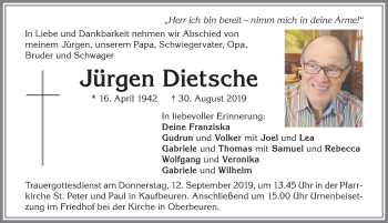 Traueranzeige von Jürgen Dietsche von Allgäuer Zeitung, Kaufbeuren/Buchloe