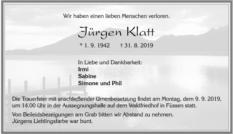  Traueranzeige für Jürgen Klatt vom 04.09.2019 aus Allgäuer Zeitung, Füssen