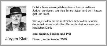 Traueranzeige von Jürgen Klatt von Allgäuer Zeitung, Füssen