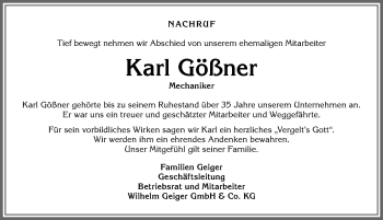 Traueranzeige von Karl Gößner von Allgäuer Anzeigeblatt